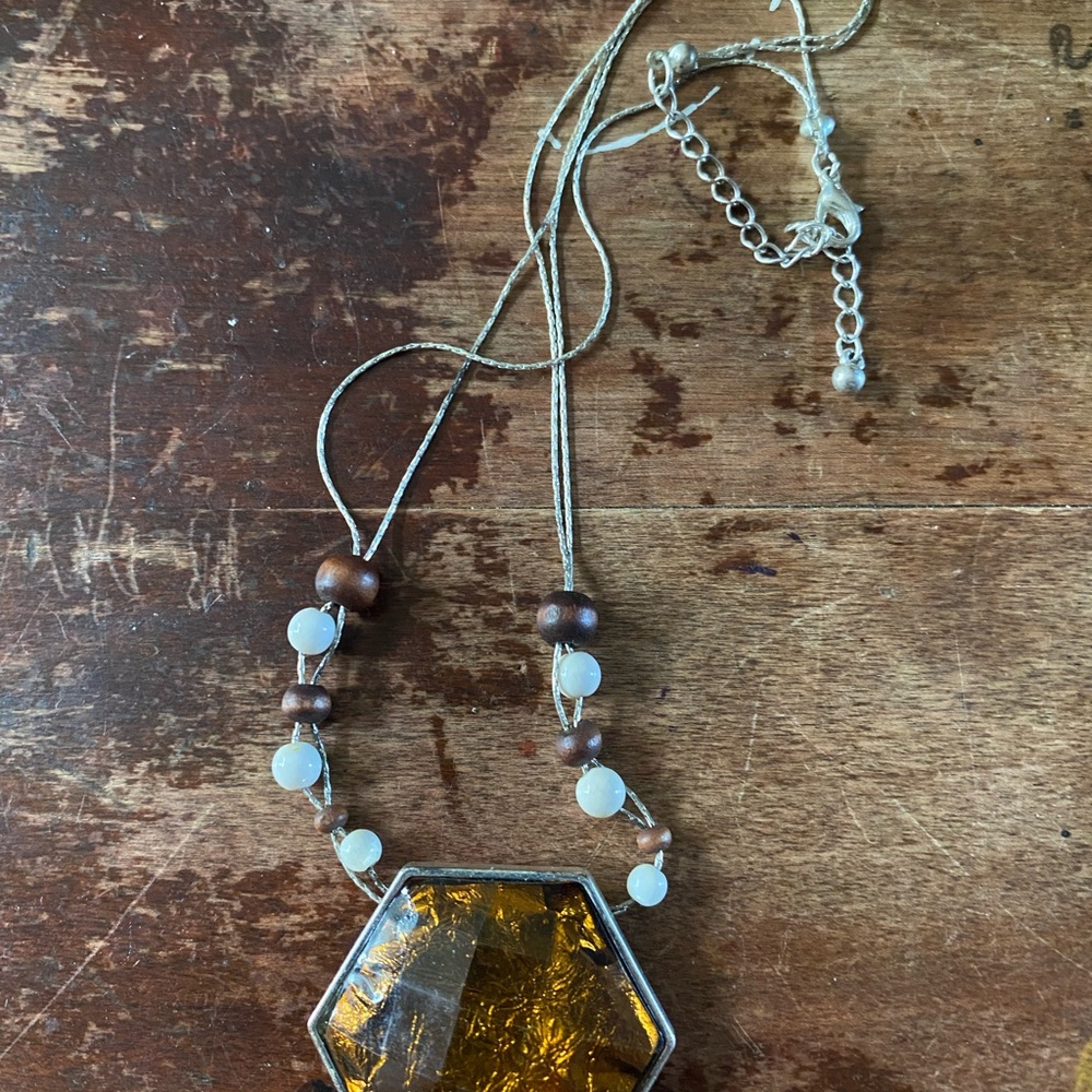 Brown Hexagonal Pendant Necklace with Beads